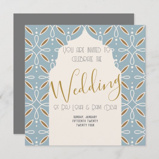 Blauwe Bloemenboog India-geïnspireerde bruiloft ui Kaart (Voorkant / Achterkant)