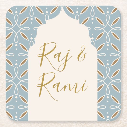 Blauwe Bloemenboog Indiase bruiloft Kartonnen Onderzetters (Voorkant)