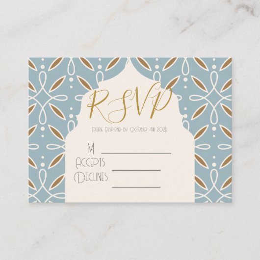 Blauwe Bloemenboog Indiase bruiloft RSVP Kaart (Voorkant)