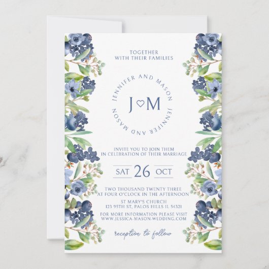 Blauwe bloemenbosbes monogram bruiloft uitnodiging (Voorkant)