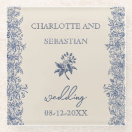 Blauwe  bloemenbruiloft glazen onderzetter