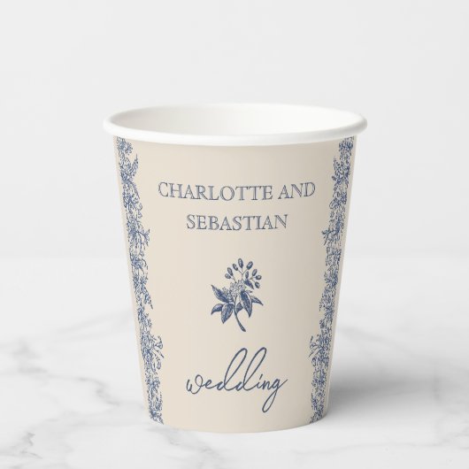 Blauwe  bloemenbruiloft papieren bekers (Achterkant)