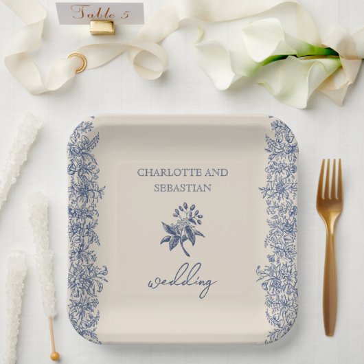 Blauwe bloemenbruiloft papieren bordje (Huwelijk)