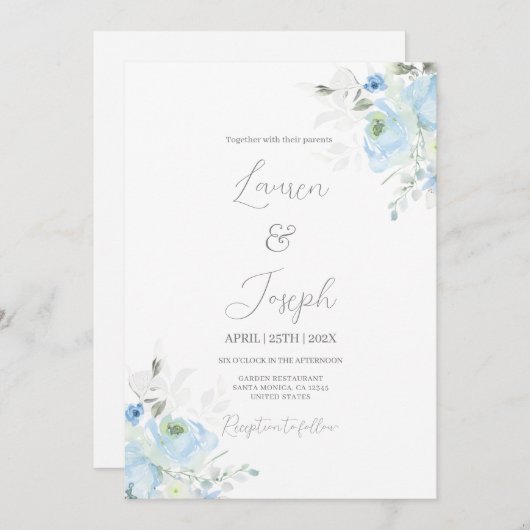 Blauwe bloemenbruiloft uitnodiging (Voorkant / Achterkant)