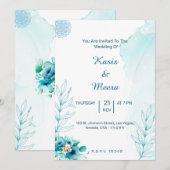 Blauwe bloemenbruiloft waterverf uitnodigingskaart kaart (Voorkant / Achterkant)