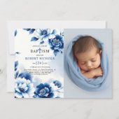 Blauwe bloemenchinoiserie, waterverf doopfoto kaart (Voorkant)