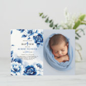 Blauwe bloemenchinoiserie, waterverf doopfoto kaart (Staand voorkant)