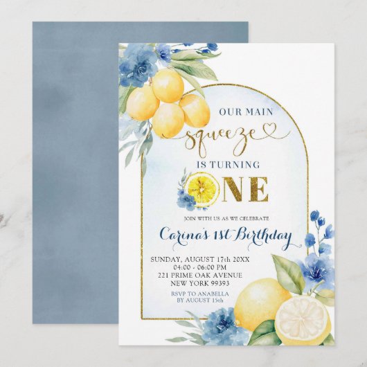 Blauwe bloemencitroen Main Squeeze Eerste Verjaard Kaart (Voorkant / Achterkant)