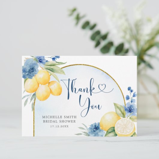 Blauwe bloemencitroen Main Squeeze Vrijgezellenfee Bedankkaart (Staand voorkant)