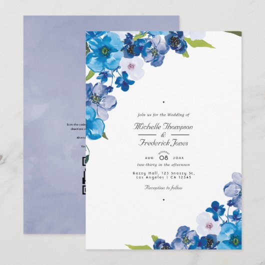 Blauwe bloemencode QR Code RSVP Tuinbruiloft Uitno Kaart (Voorkant / Achterkant)