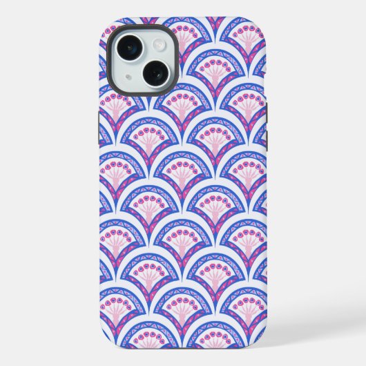 blauwe bloemendamask patroon iPhone hoesje (Achterkant)