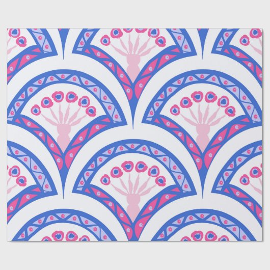 blauwe bloemendamaskpatroon cadeaupapier (Vlak)