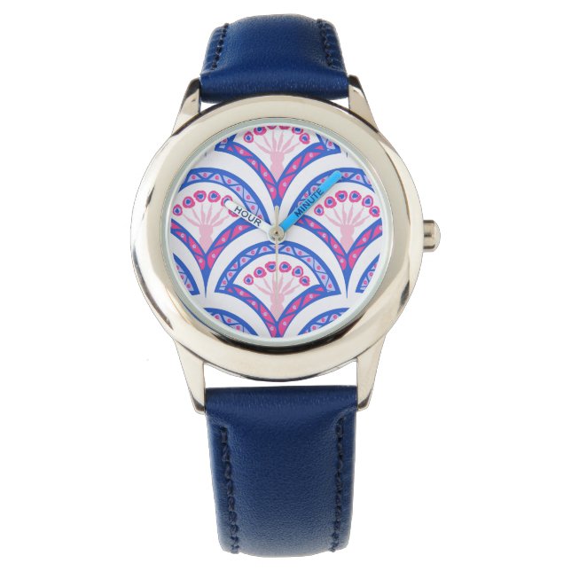blauwe bloemendamaskpatroon horloge (Voorkant)