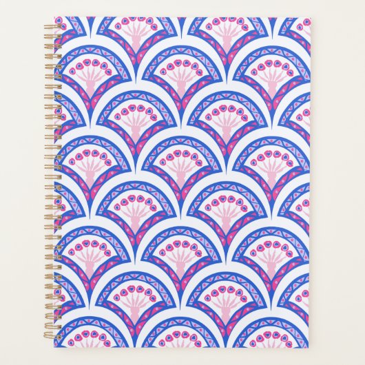 blauwe bloemendamaskpatroon planner (Voorkant)