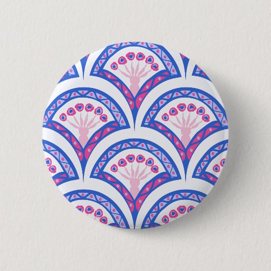 blauwe bloemendamaskpatroon  ronde button 5,7 cm (Voorkant)