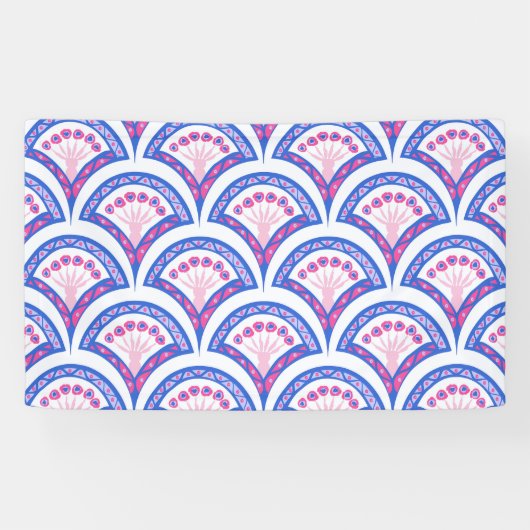 blauwe bloemendamaskpatroon spandoek (Horizontaal)