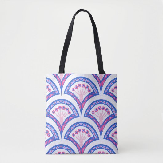 blauwe bloemendamaskpatroon tote bag (Voorkant)