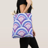 blauwe bloemendamaskpatroon tote bag (Dichtbij)