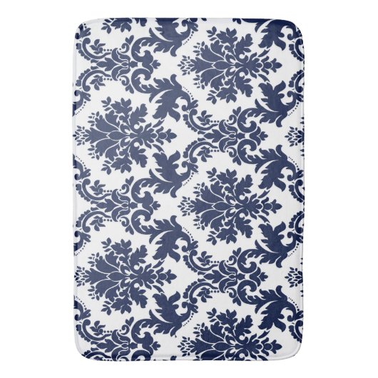 Blauwe bloemendamast op witte achtergrond badmat (Voorkant Verticaal)