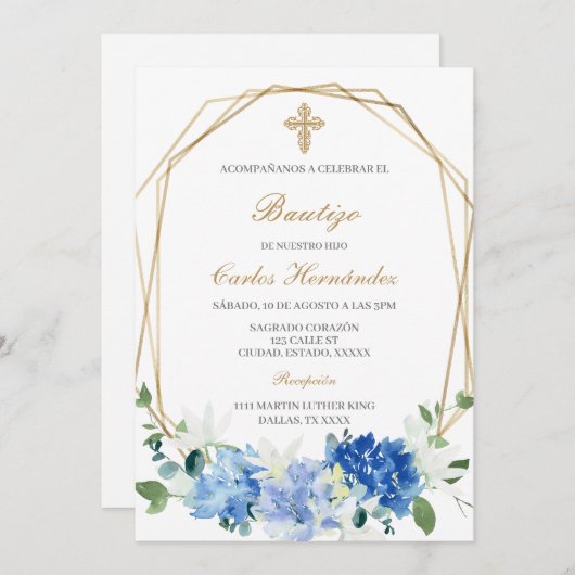 Blauwe bloemendoop Spaanse uitnodiging (Voorkant / Achterkant)