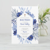 Blauwe bloemendoop Spaanse Uitnodiging voor jongen (Staand voorkant)