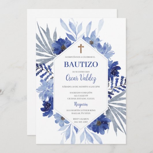 Blauwe bloemendoop Spaanse Uitnodiging voor jongen (Voorkant / Achterkant)