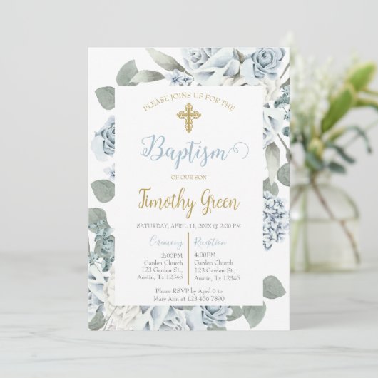 Blauwe bloemendoop uitnodiging l (Staand voorkant)