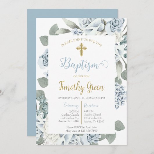 Blauwe bloemendoop uitnodiging l (Voorkant / Achterkant)