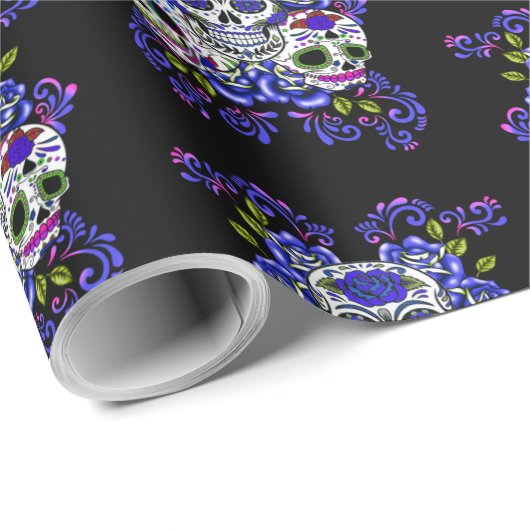 Blauwe bloemendrievoudige dag van de dode suikersc cadeaupapier (Rol Hoek)