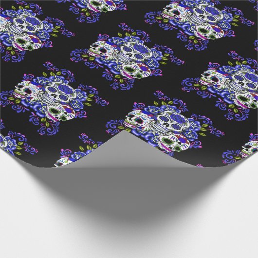 Blauwe bloemendrievoudige dag van de dode suikersc cadeaupapier (Hoek)