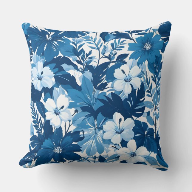 Blauwe Bloemendruk Sierkussen (Voorkant)