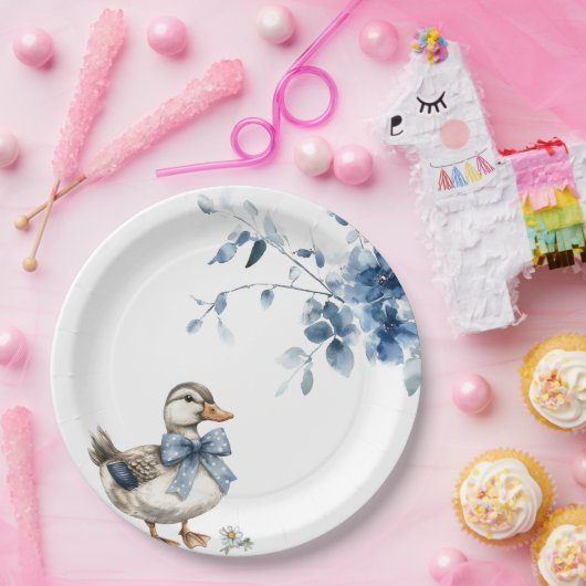 blauwe bloemeneend papieren bordje (Feest)