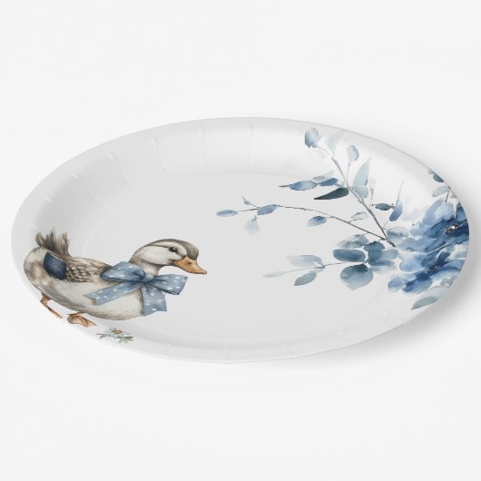 blauwe bloemeneend papieren bordje (Gekanteld)