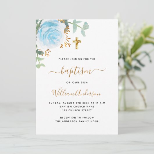 Blauwe bloemeneucalyptus groen jongen cross doop kaart (Staand voorkant)
