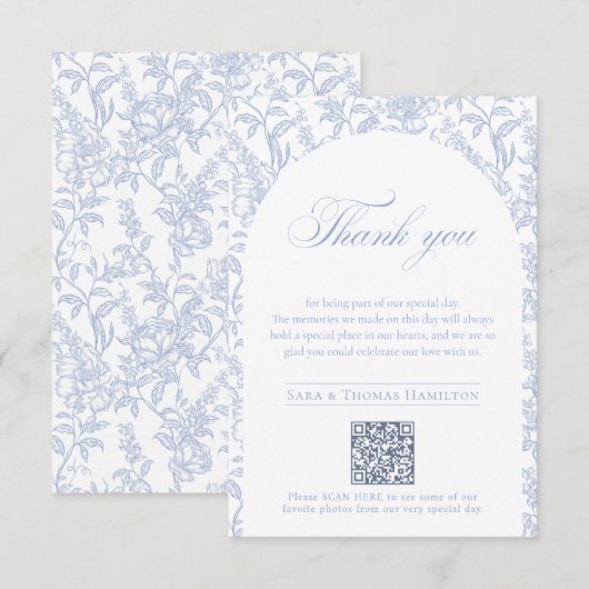 Blauwe Bloemengestileerde Chinoiserie QR-code naar Bedankkaart (Voorkant / Achterkant)
