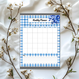 Blauwe Bloemengingham _ Maandelijkse Planner Notitieblok