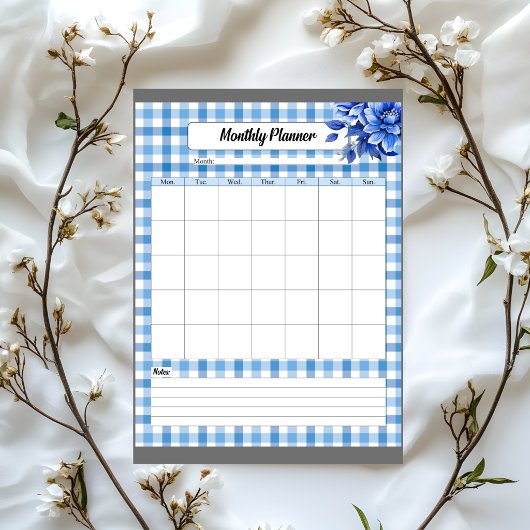 Blauwe Bloemengingham _ Maandelijkse Planner Notitieblok