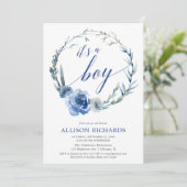 Blauwe bloemenjongen baby shower, pioenenkrans ele kaart (Staand voorkant)