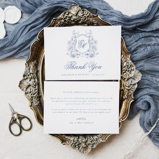 Blauwe Bloemenkam Monogram Elegante Huwelijk Bedankkaart