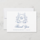 Blauwe Bloemenkam Monogram Elegante Huwelijk Bedankkaart (Voorkant)