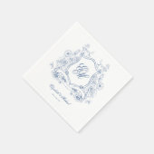 Blauwe Bloemenkam Monogram Elegante Huwelijk Servet (Hoek)