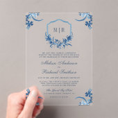 Blauwe Bloemenkam Monogram Huwelijk Acryl Uitnodigingen (Insitu (Draagbaar))