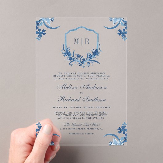Blauwe Bloemenkam Monogram Huwelijk Acryl Uitnodigingen (Insitu (Draagbaar))