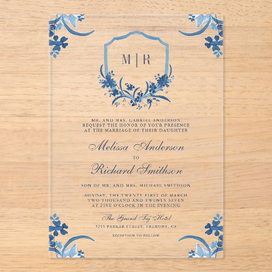 Blauwe Bloemenkam Monogram Huwelijk Acryl Uitnodigingen (Voorkant)