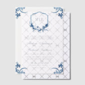 Blauwe Bloemenkam Monogram Huwelijk Vellum Uitnodigingen (Offset (Uitnodiging))