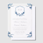 Blauwe Bloemenkam Monogram Huwelijk Vellum Uitnodigingen (Offset)