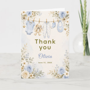 Blauwe bloemenkinderfeest waslijn baby shower bedankkaart