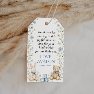 Blauwe bloemenkinderkamer babyshower bedank favor cadeaulabel