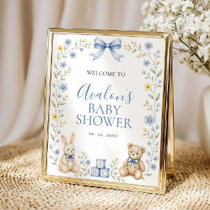 Blauwe bloemenkinderkamer babyshower welkom poster