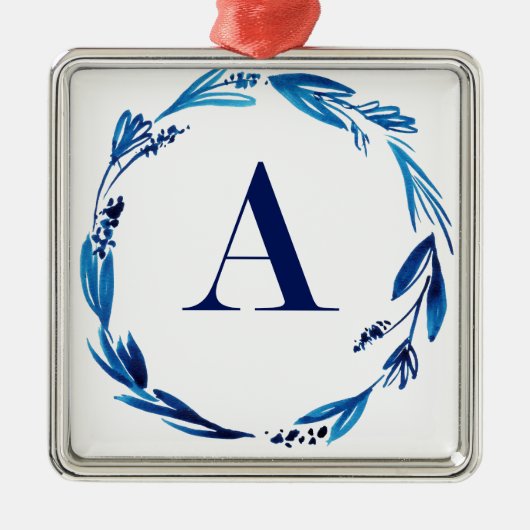 Blauwe bloemenkrans 'A' Metalen Ornament (Voorkant)